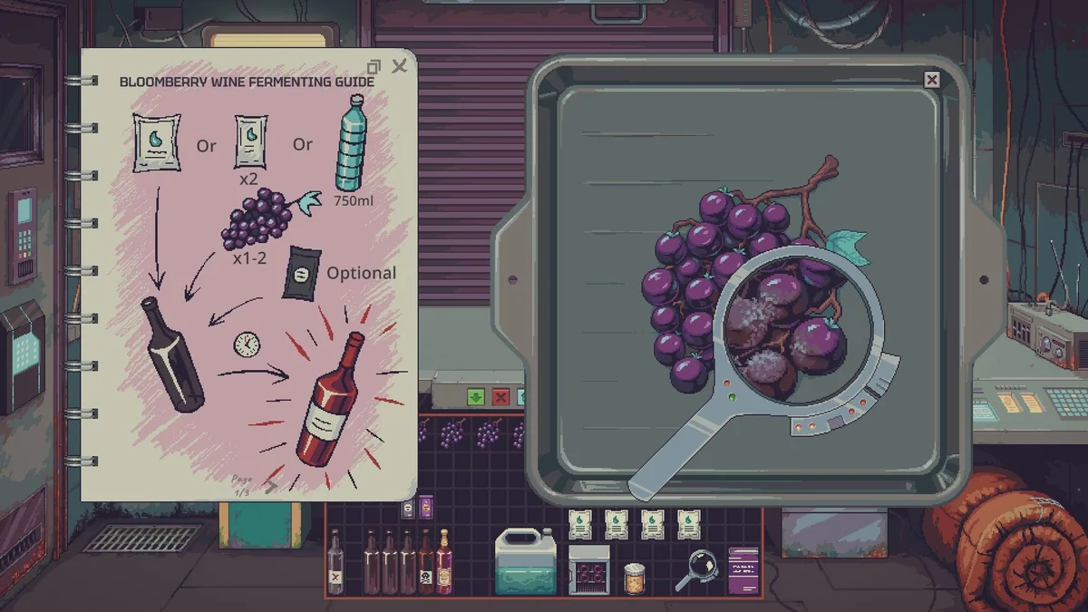 The in-game Bloomberry wine manual beside berries under a magnifying glass